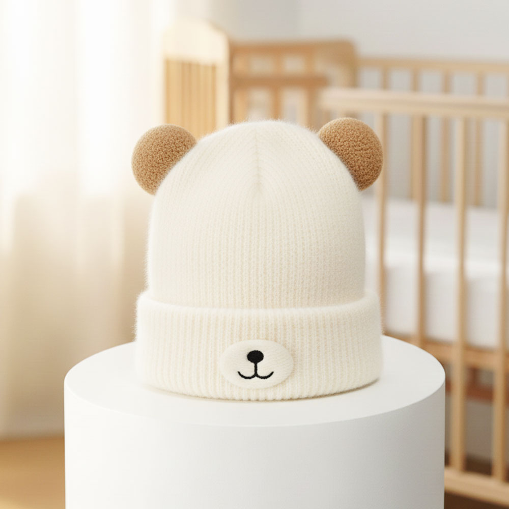 Imported Baby 3D Bear Pom Winter Cap | Soft Rabbit Wool Hat for 0–3 Years