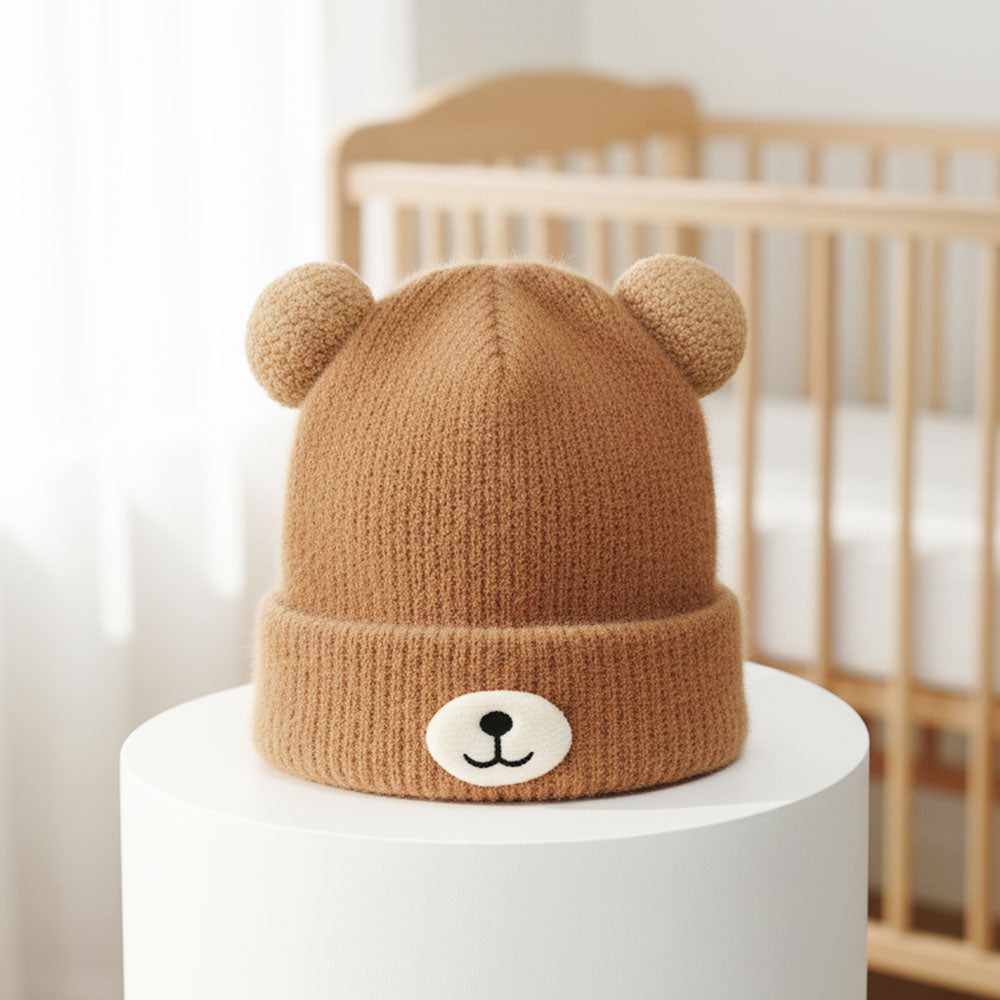 Imported Baby 3D Bear Pom Winter Cap | Soft Rabbit Wool Hat for 0–3 Years