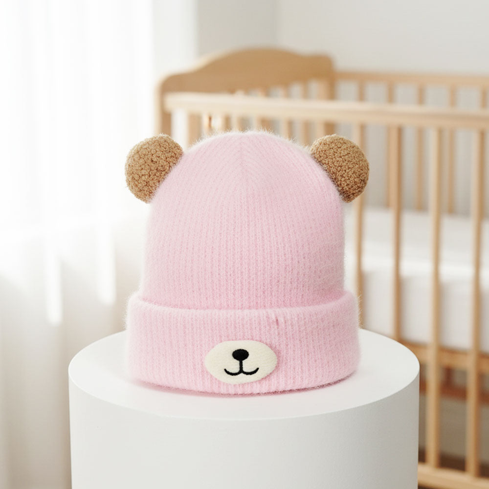 Imported Baby 3D Bear Pom Winter Cap | Soft Rabbit Wool Hat for 0–3 Years