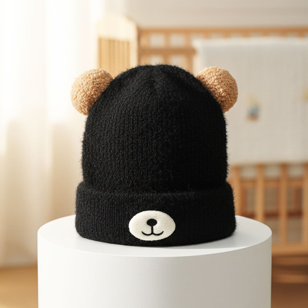 Imported Baby 3D Bear Pom Winter Cap | Soft Rabbit Wool Hat for 0–3 Years