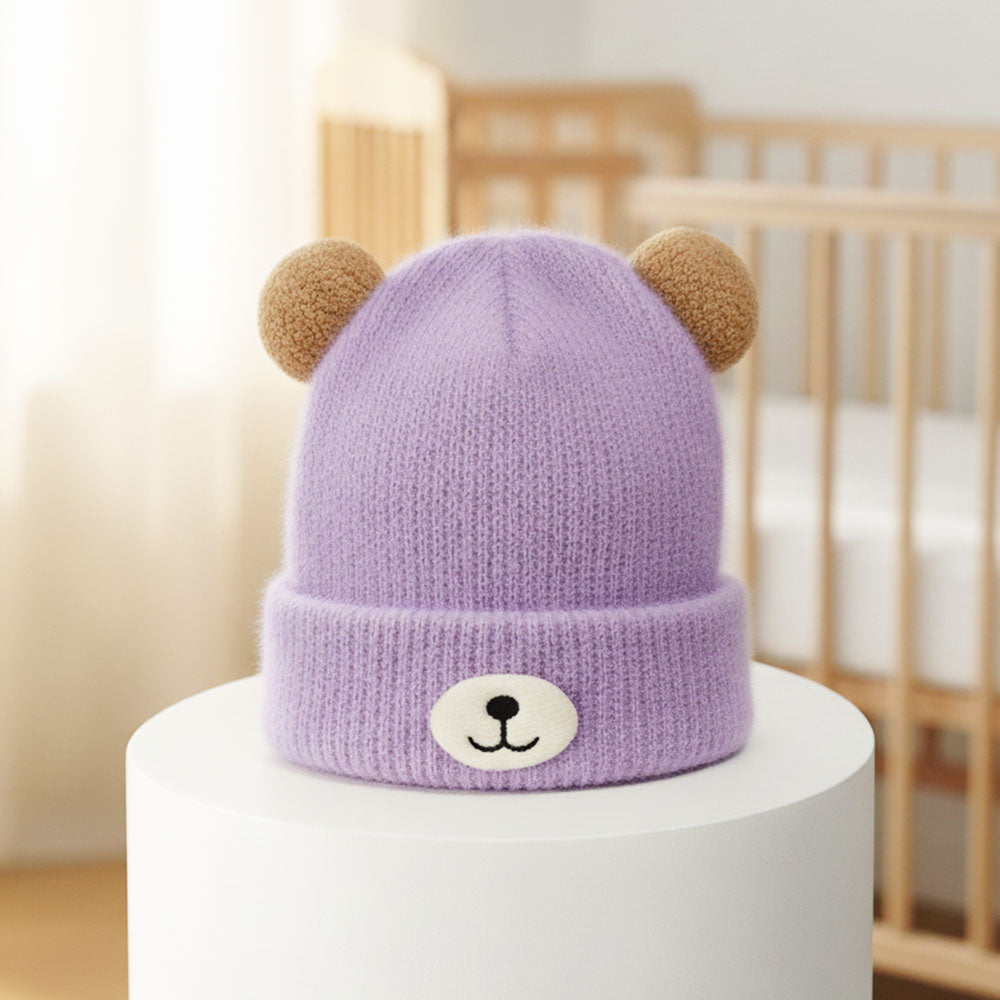 Imported Baby 3D Bear Pom Winter Cap | Soft Rabbit Wool Hat for 0–3 Years
