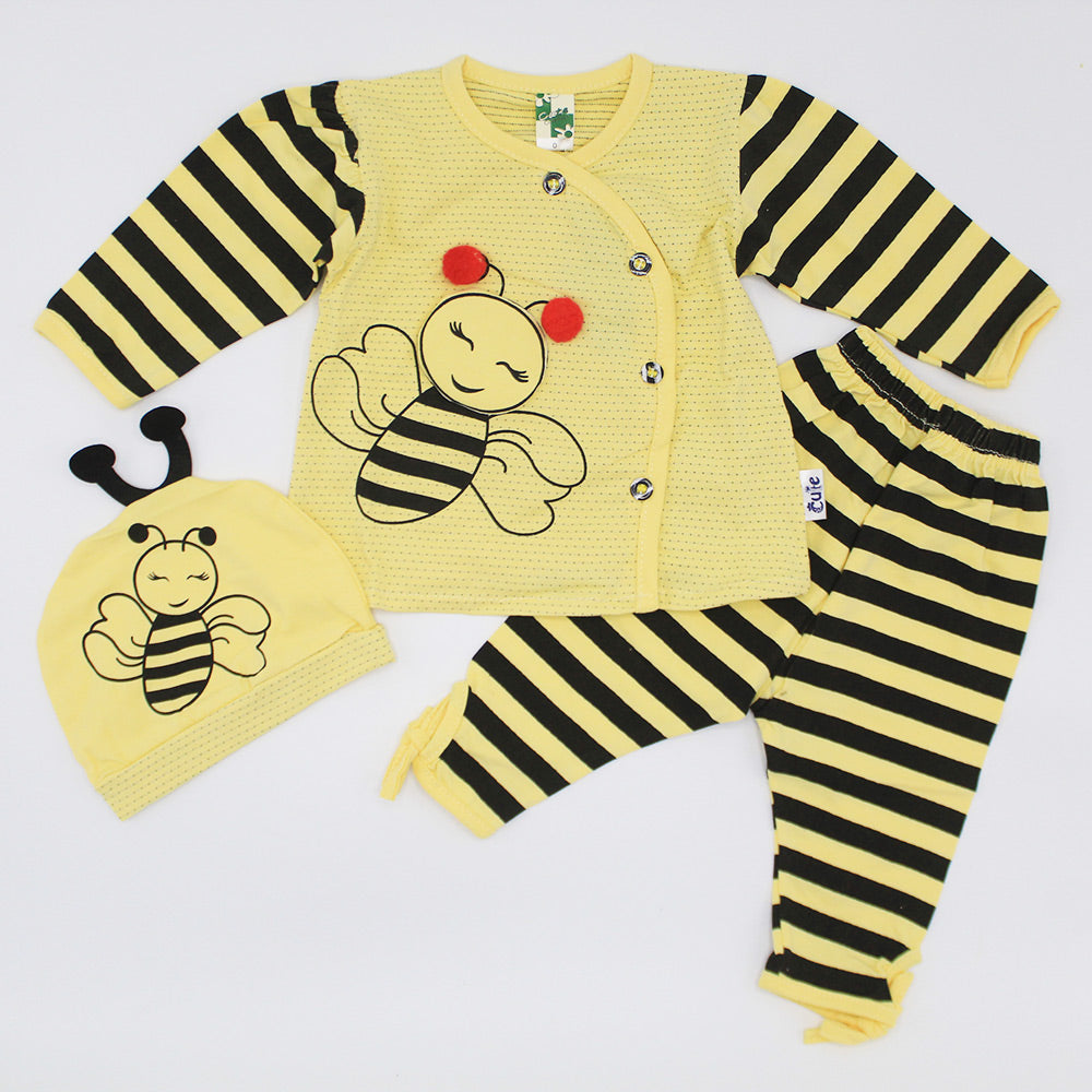 Baby Girl Full Sleeves Cute Bee Dress with Stylish Bee Cap for 0-3