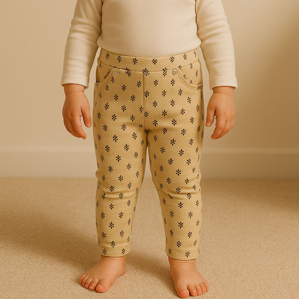 Imported Baby Girl Leafy Printed Beige Cotton Pants for 9 Months - 3 Years