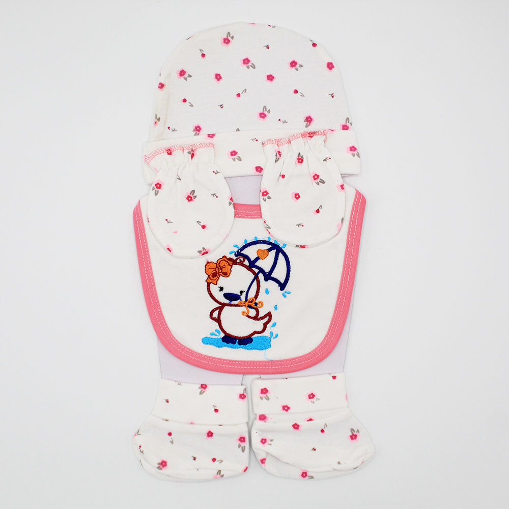 Imported 4 Pcs Baby Bib Booties Mittens and Cap Set