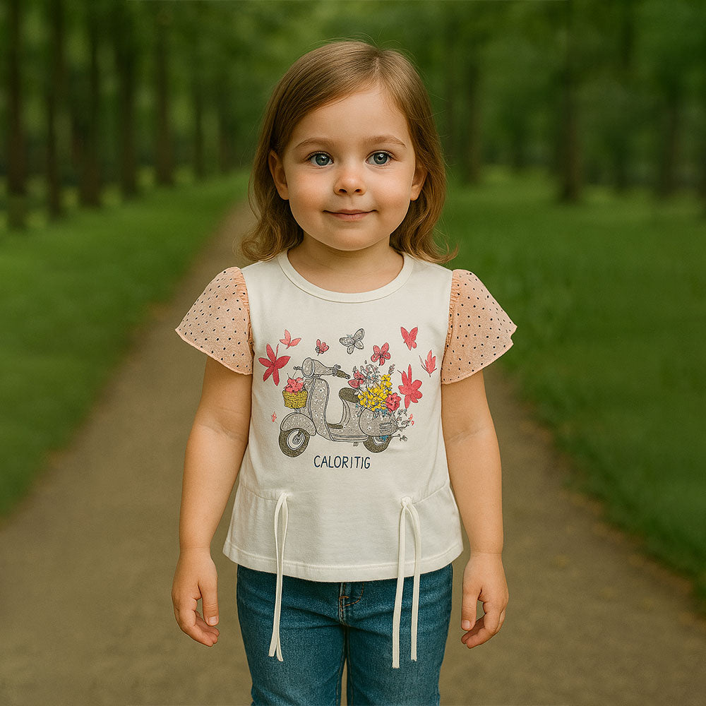 Imported Baby Girl White Floral Bicycle Fancy Frock Fly Sleeve Pullover Shirt for 18 Months- 5 Years