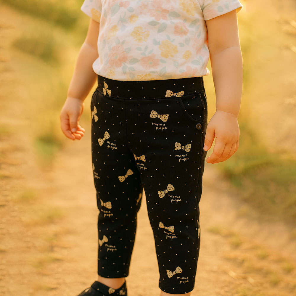 Imported Baby Girl Bow Printed Black Cotton Pants for 9 Months - 3 Years