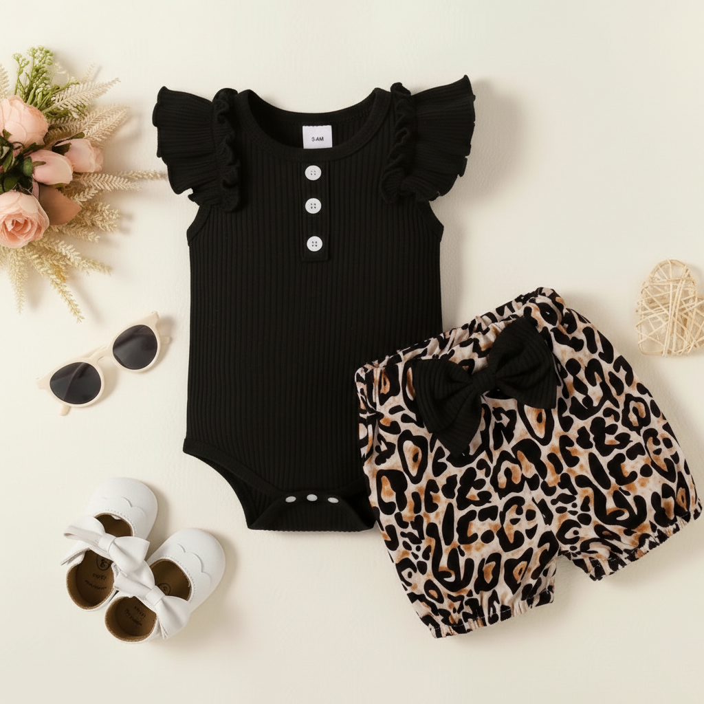 Imported Baby Girl Dress | Stylish Fly Sleeves Bodysuit with Cheetah Bow Shorts (0–18 Months)