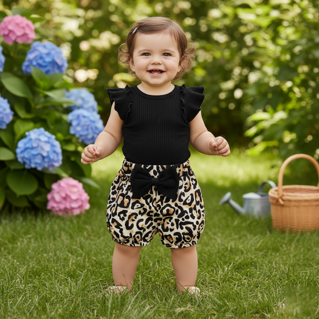 Imported Baby Girl Dress | Stylish Fly Sleeves Bodysuit with Cheetah Bow Shorts (0–18 Months)