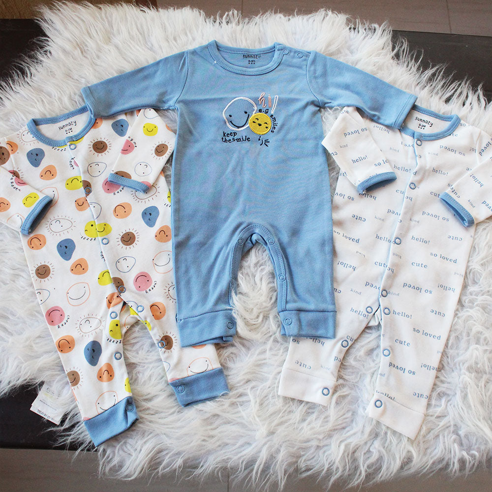 Imported Pack of 3 Rompers Full Sleeves Cotton Stuff Jumpsuit Sleepsuit for 0-12 Months