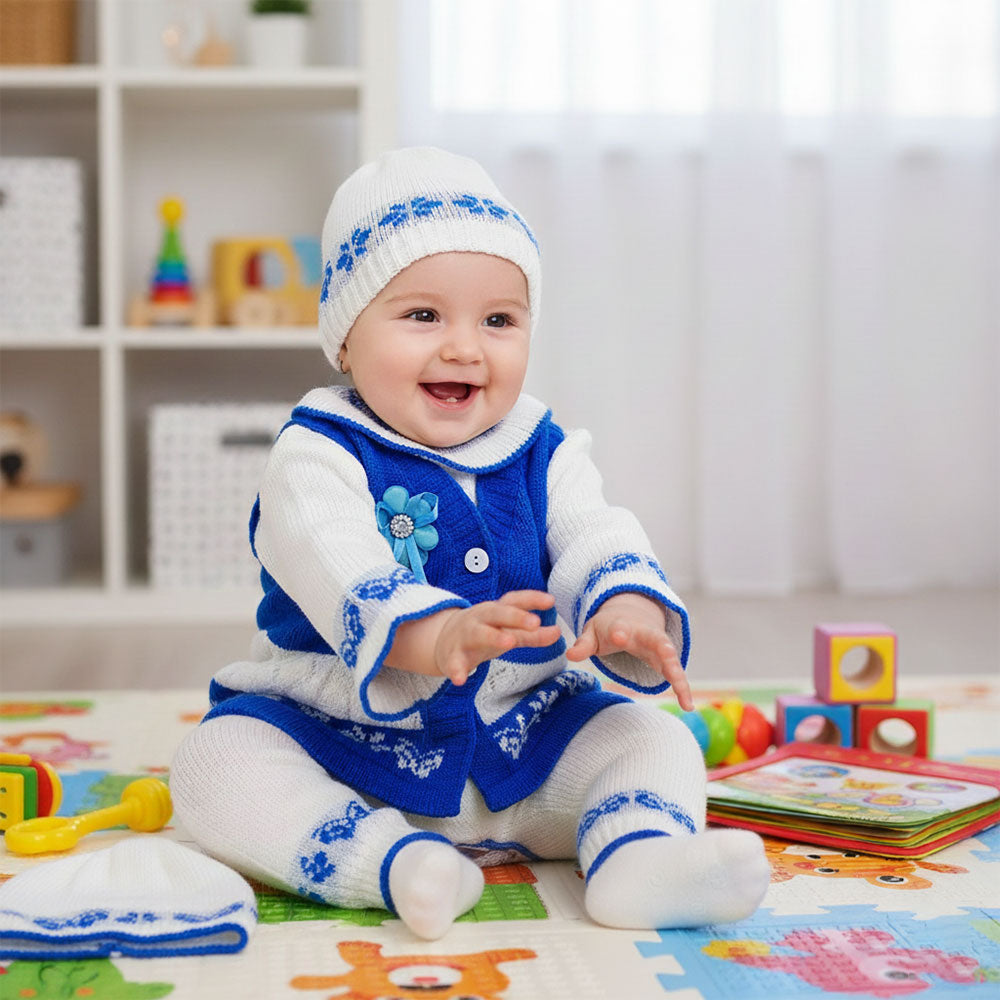 Baby Girl Winter Woolen Knitted Baby Dual Colored 4 Pcs Sweater Suit With Cap for 3-9 Months
