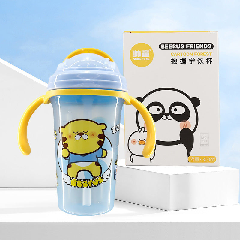 Imported 300ml Kids Cartoon Sippy Cup Bottle with Leak-Proof Straw & Anti-Choking Duckbill Handle