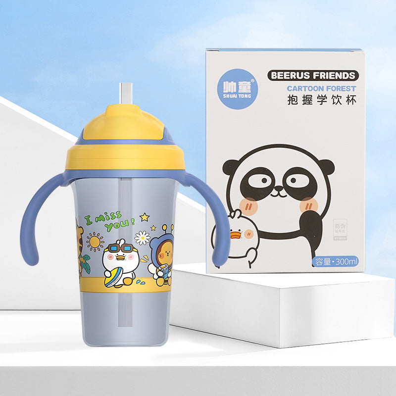 Imported 300ml Kids Cartoon Sippy Cup Bottle with Leak-Proof Straw & Anti-Choking Duckbill Handle