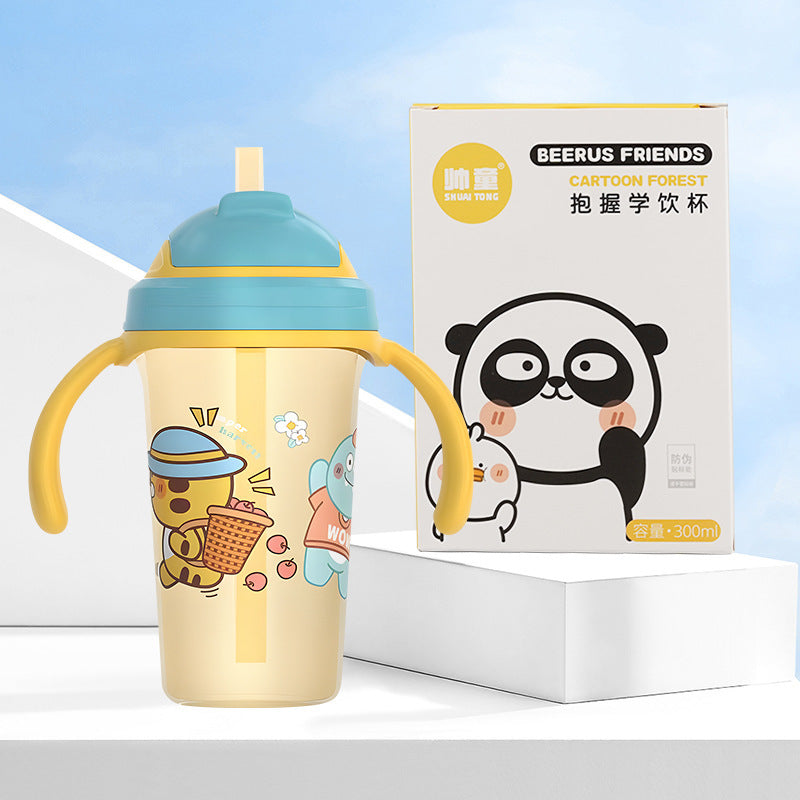 Imported 300ml Kids Cartoon Sippy Cup Bottle with Leak-Proof Straw & Anti-Choking Duckbill Handle