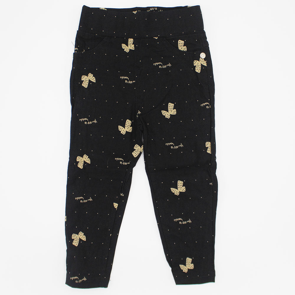 Imported Baby Girl Bow Printed Black Cotton Pants for 9 Months - 3 Years