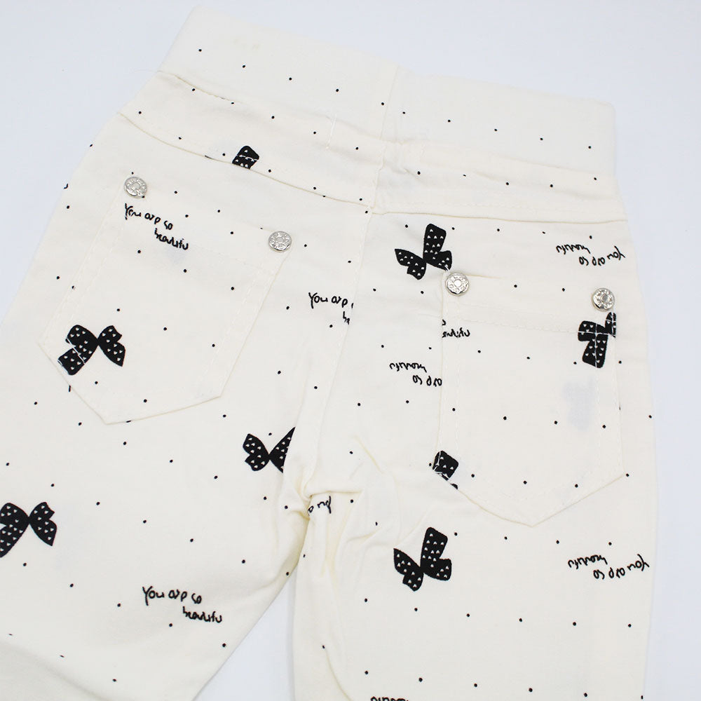 Imported Baby Girl Bow Printed White Cotton Pants for 9 Months - 3 Years