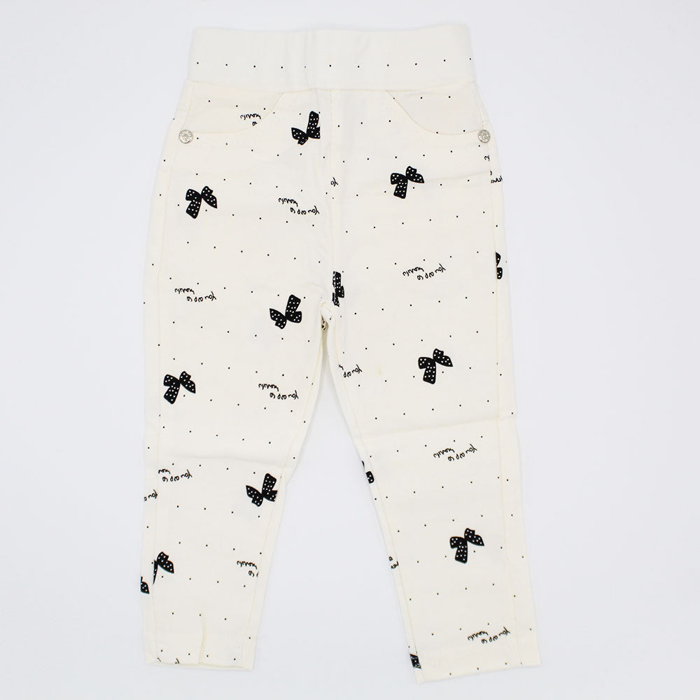Imported Baby Girl Bow Printed White Cotton Pants for 9 Months - 3 Years