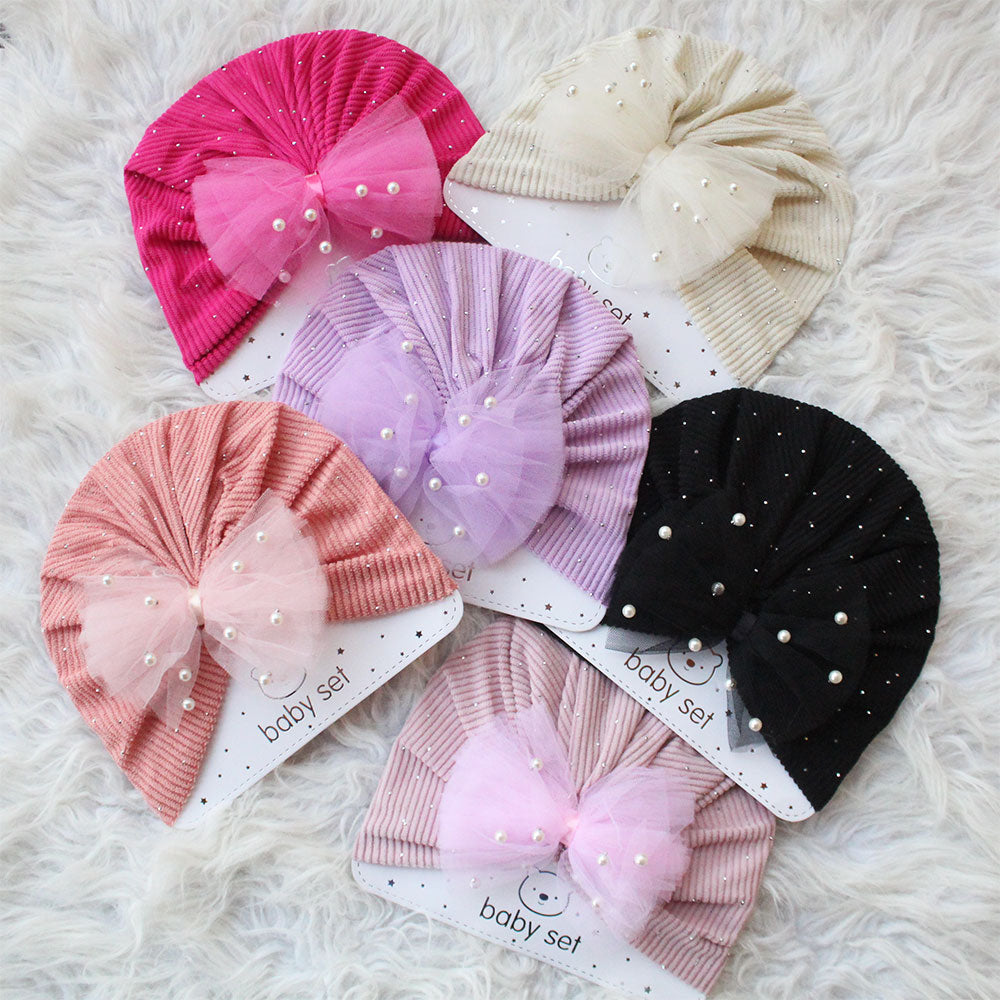 Imported 1 Pc Baby Kids Baby Summer Turban Cap Mix Colored Bow Pearls 3D Children Hat for 0-2 Years