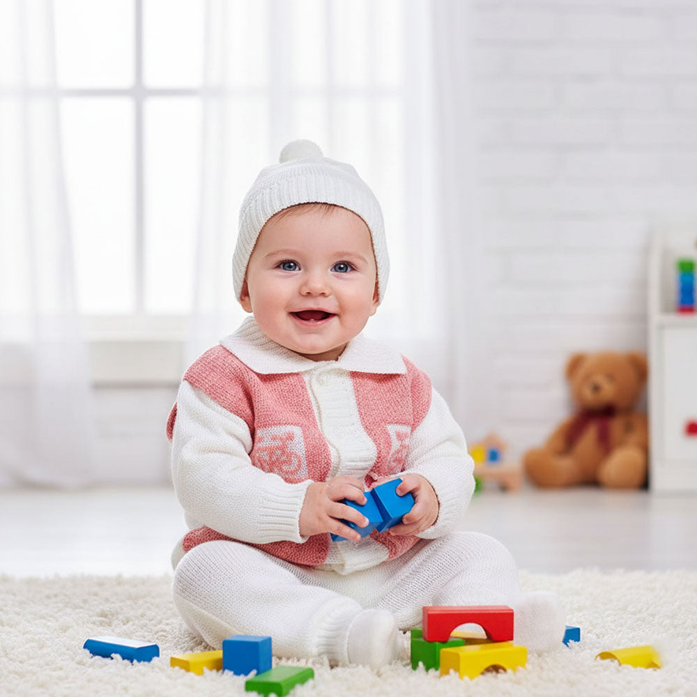 Newborn Winter Woolen Knitted Baby Sweater Suit With Cap - Bicycle Design for 0-6 Months