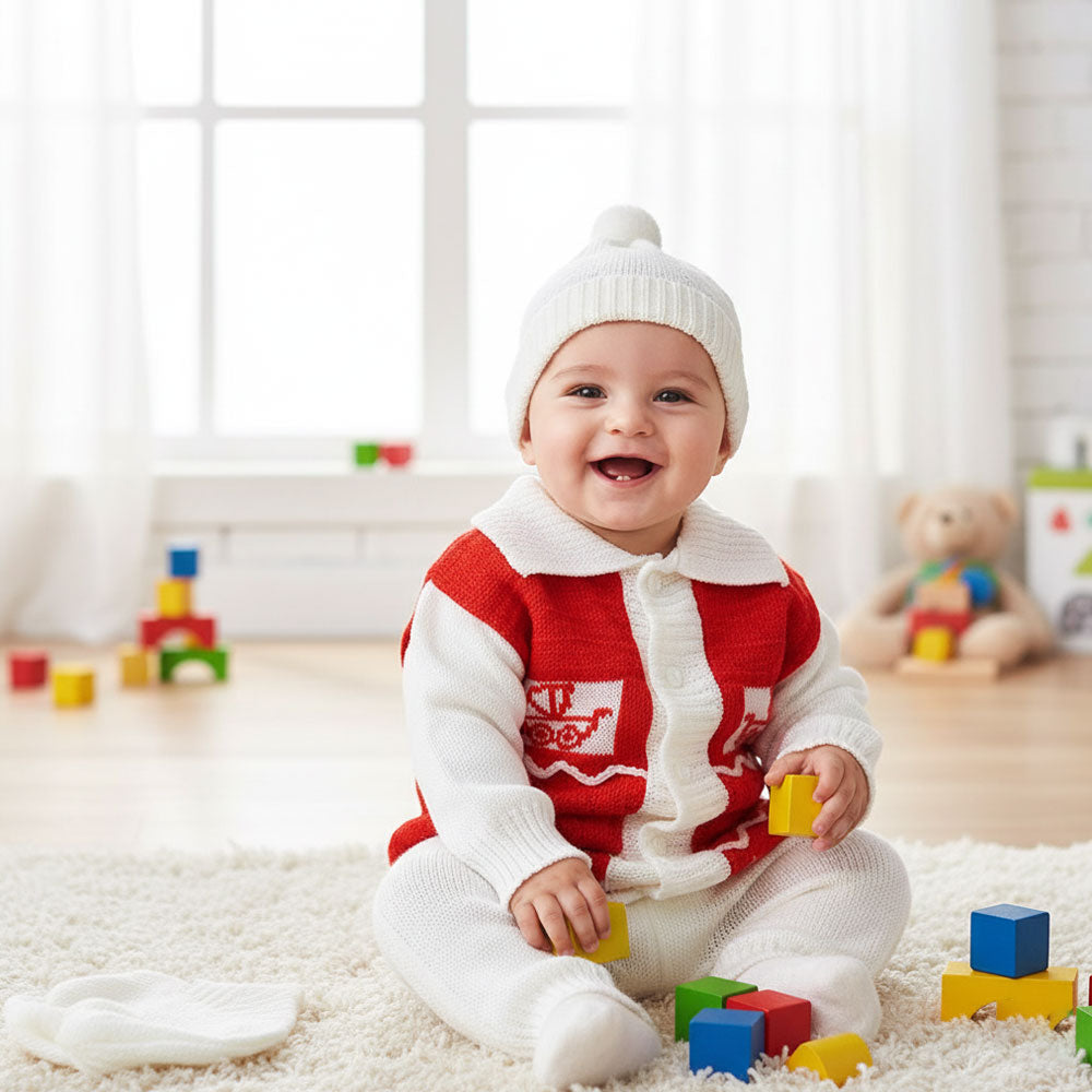 Newborn Winter Woolen Knitted Baby Sweater Suit With Cap - Bicycle Design for 0-6 Months