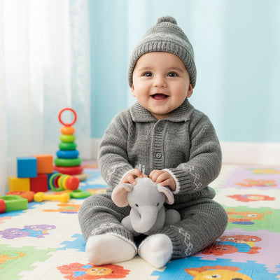 Imported Newborn Winter Woolen Knitted Baby Collar Style Front Button Sweater Suit With Cap for 0-6 Months
