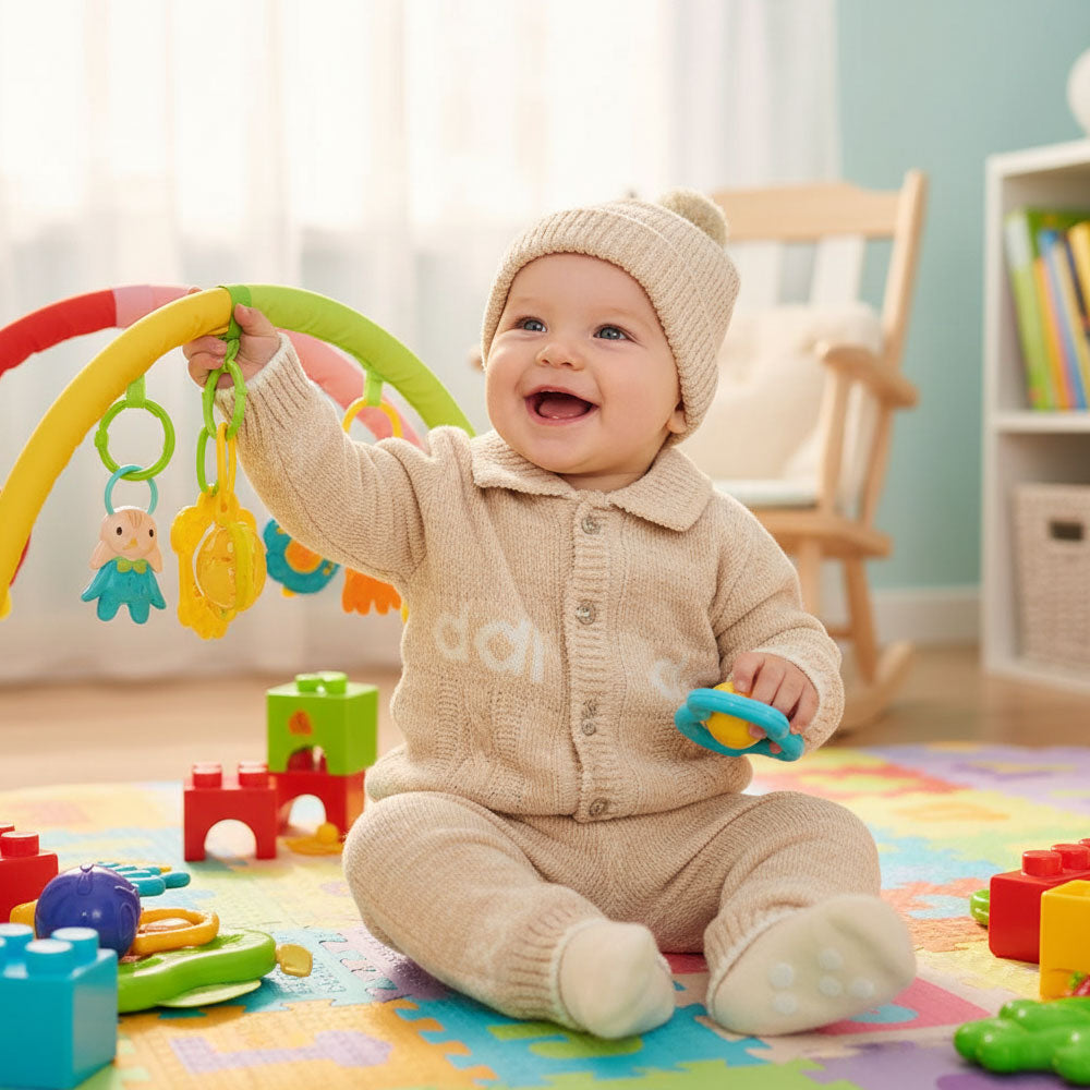 Imported Newborn Winter Woolen Knitted Baby Collar Style Front Button Sweater Suit With Cap for 0-6 Months