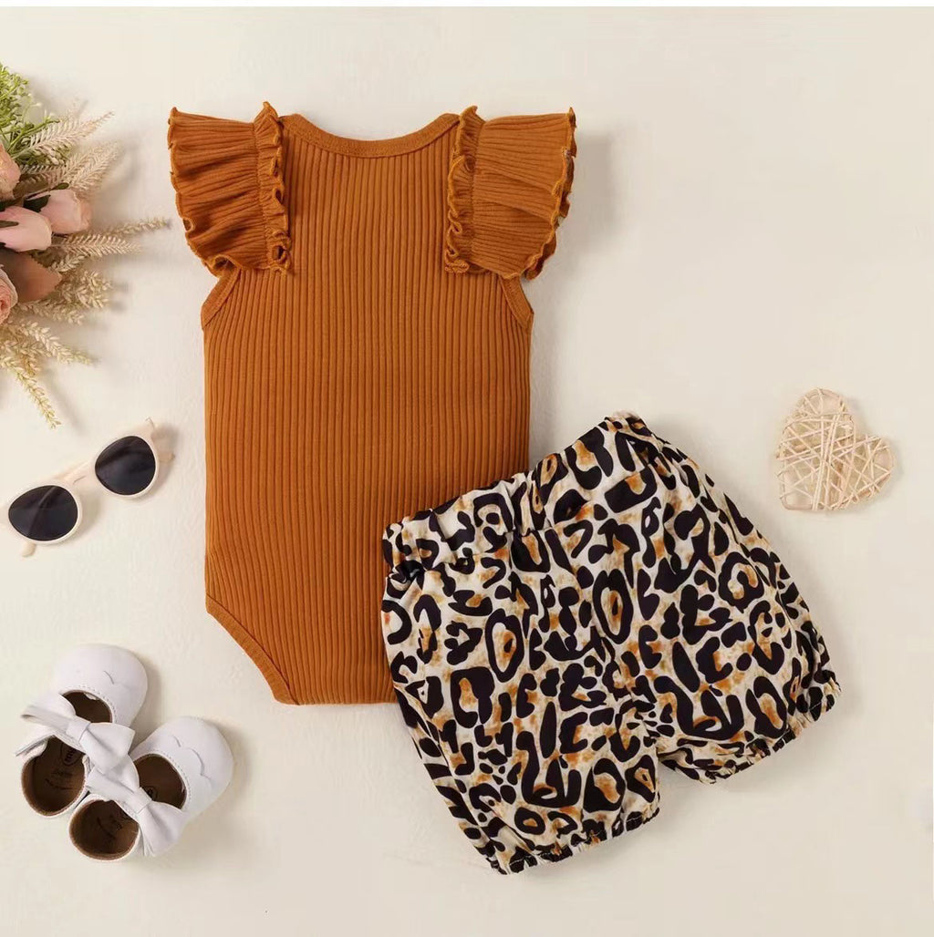 Imported Baby Girl Dress | Stylish Fly Sleeves Bodysuit with Cheetah Bow Shorts (0–18 Months)