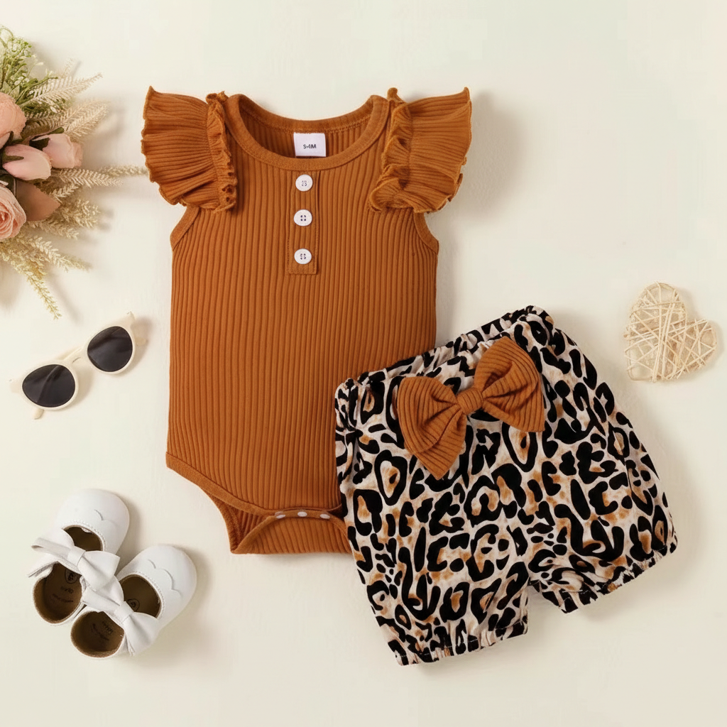 Imported Baby Girl Dress | Stylish Fly Sleeves Bodysuit with Cheetah Bow Shorts (0–18 Months)