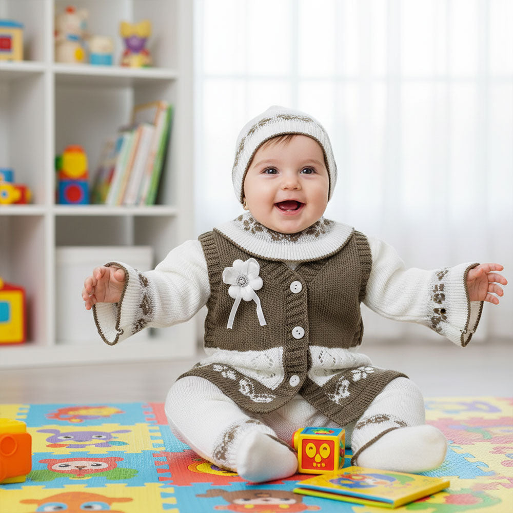 Baby Girl Winter Woolen Knitted Baby Dual Colored 4 Pcs Sweater Suit With Cap for 3-9 Months
