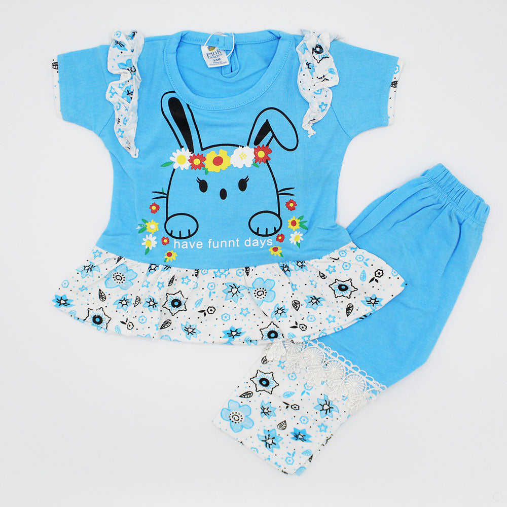 Baby Girl Cute Bunny Cute Frilly Half Sleeves Frock Dress with Trouser Pants for 3-9 Months