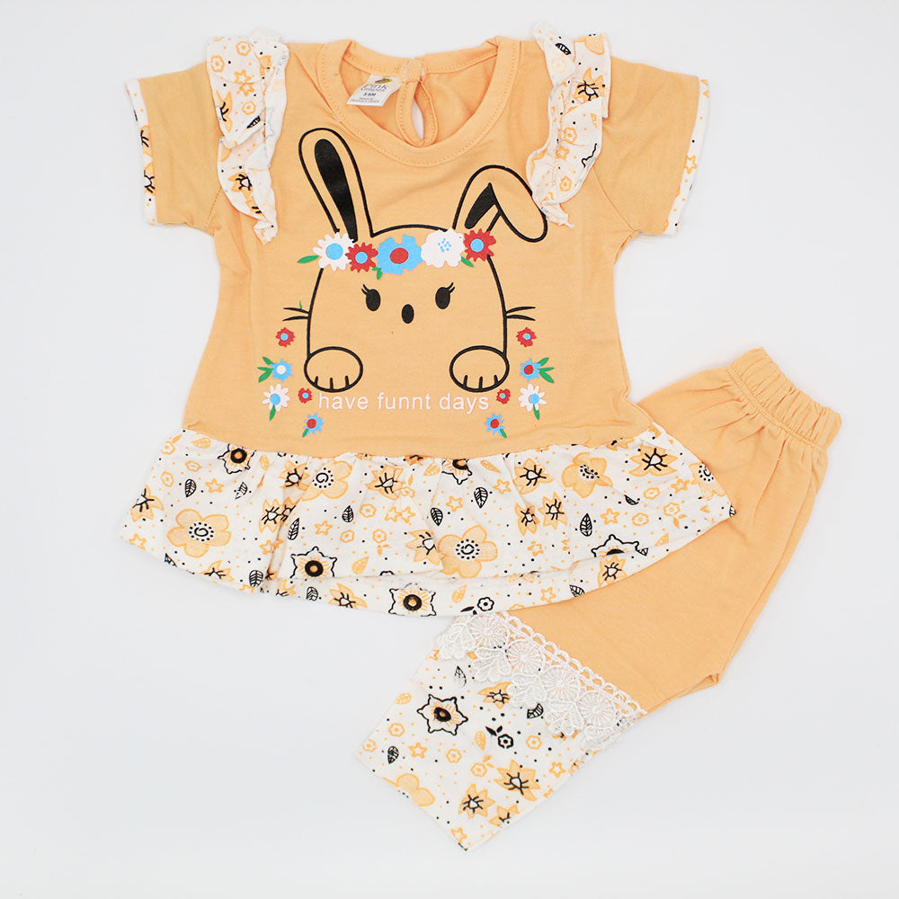 Baby Girl Cute Bunny Cute Frilly Half Sleeves Frock Dress with Trouser Pants for 3-9 Months