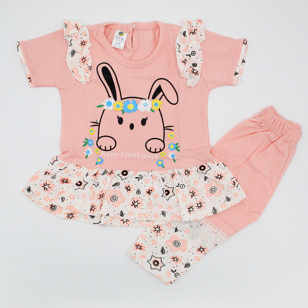 Baby Girl Cute Bunny Cute Frilly Half Sleeves Frock Dress with Trouser Pants for 3-9 Months