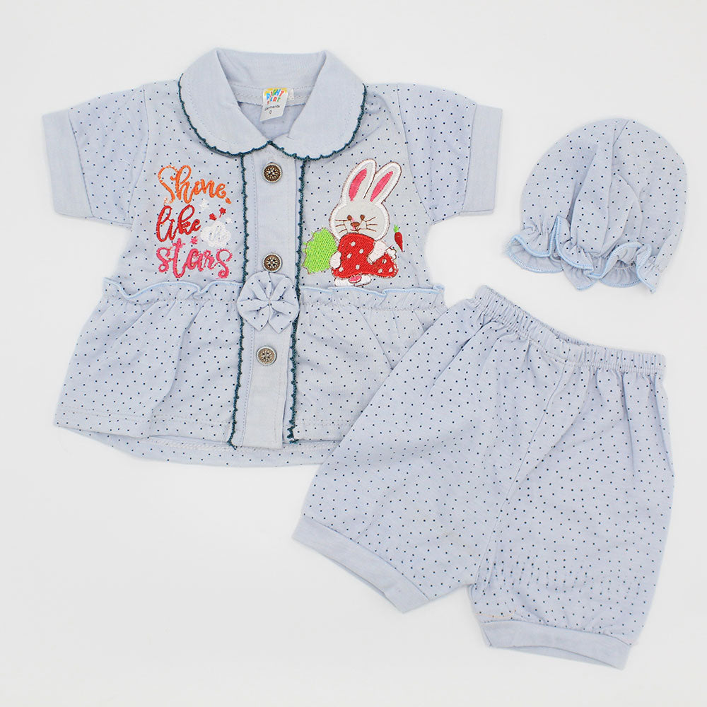 Baby Girl Cute Bunny Half Sleeves Dress with Frill Cap for 0-3 Months