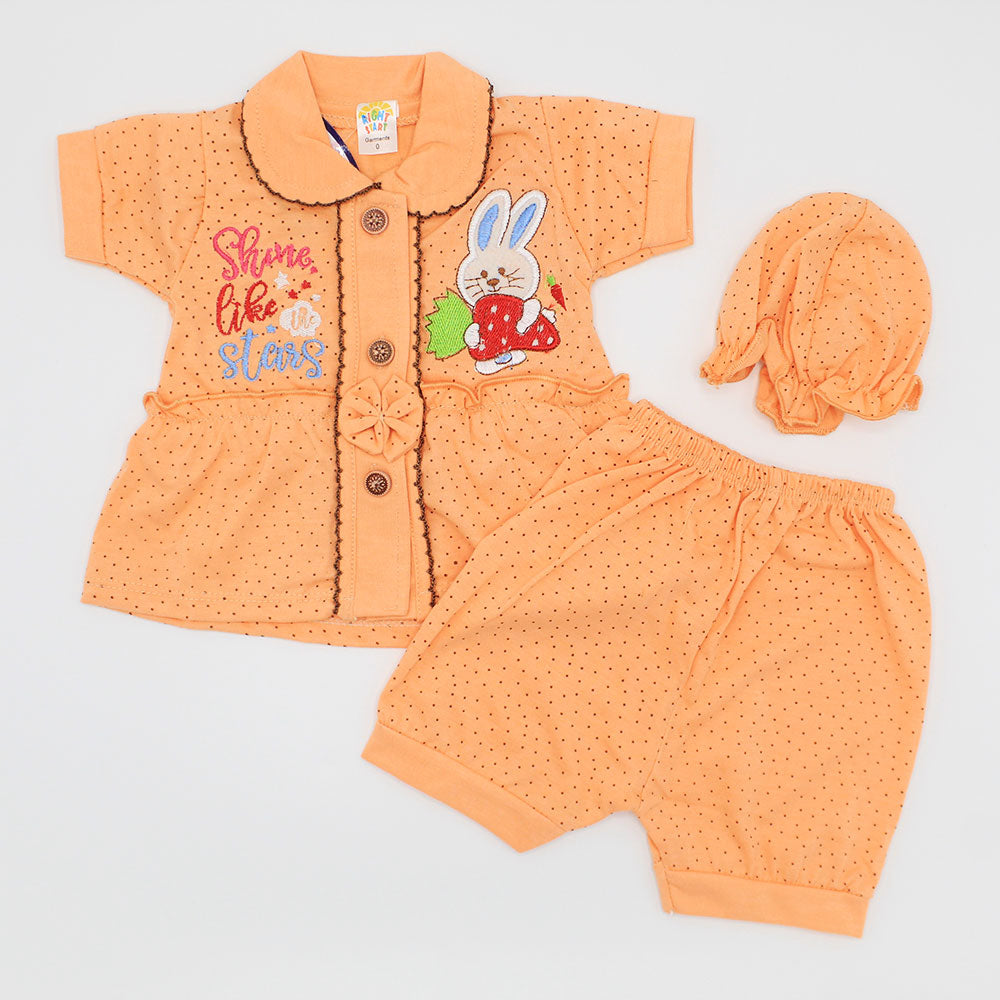 Baby Girl Cute Bunny Half Sleeves Dress with Frill Cap for 0-3 Months