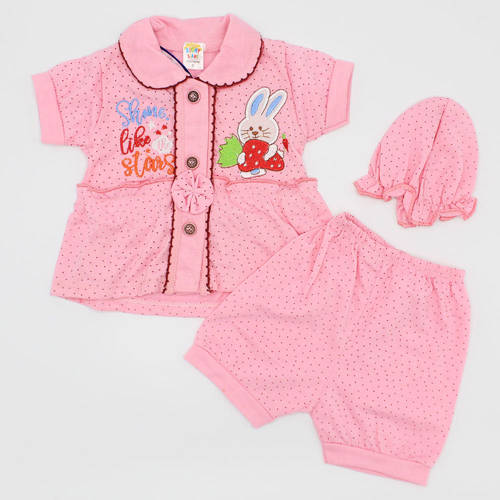 Baby Girl Cute Bunny Half Sleeves Dress with Frill Cap for 0-3 Months