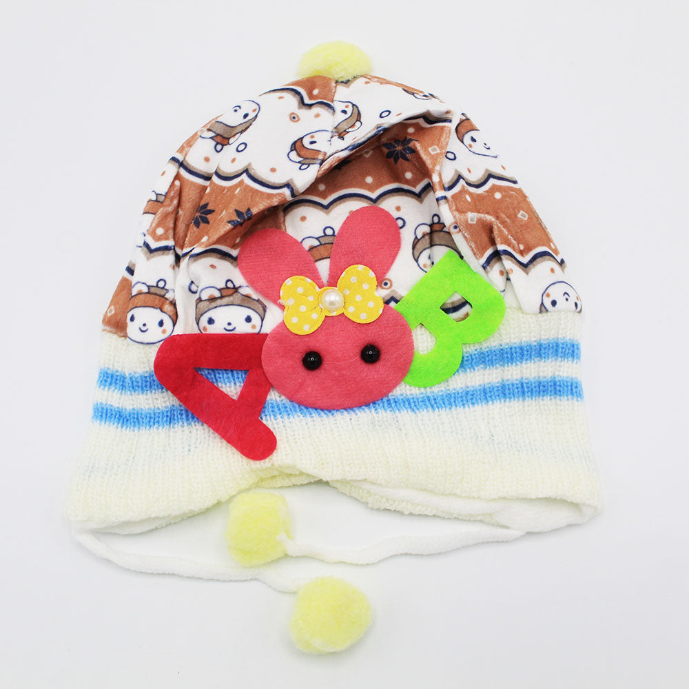 Imported Cute Bunny Baby Girl Pom Pom Winter Warm Woolen Cap for 0-12 Months