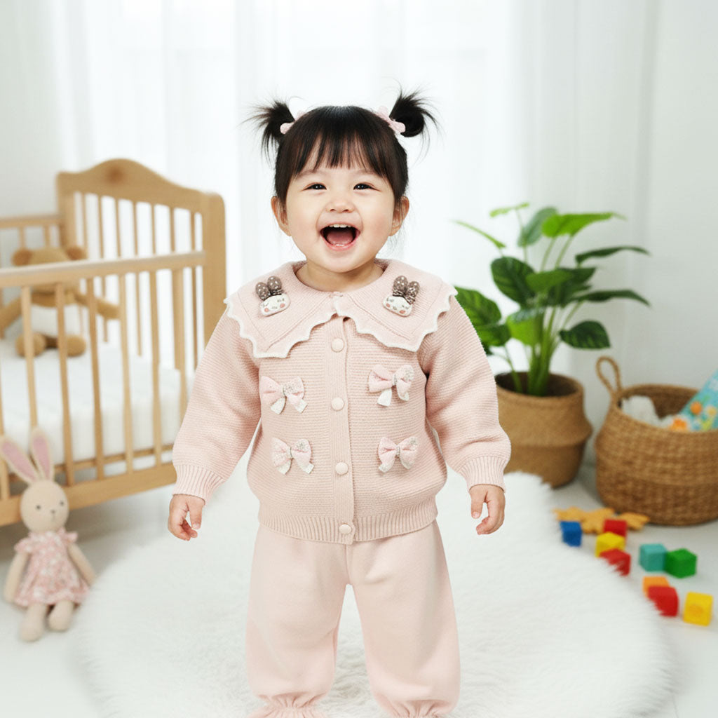Imported Baby Girl Winter Rabbit Wool Dress with Stylish Collar Bows & Bell Bottom Flapper (3–18 Months)