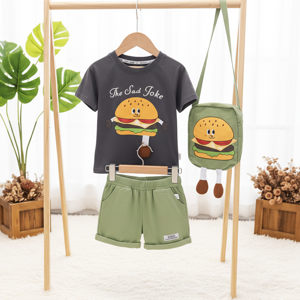 Imported Baby Kids Summer 3-Piece Burger Outfit with Bag (6 Months–4 Years)
