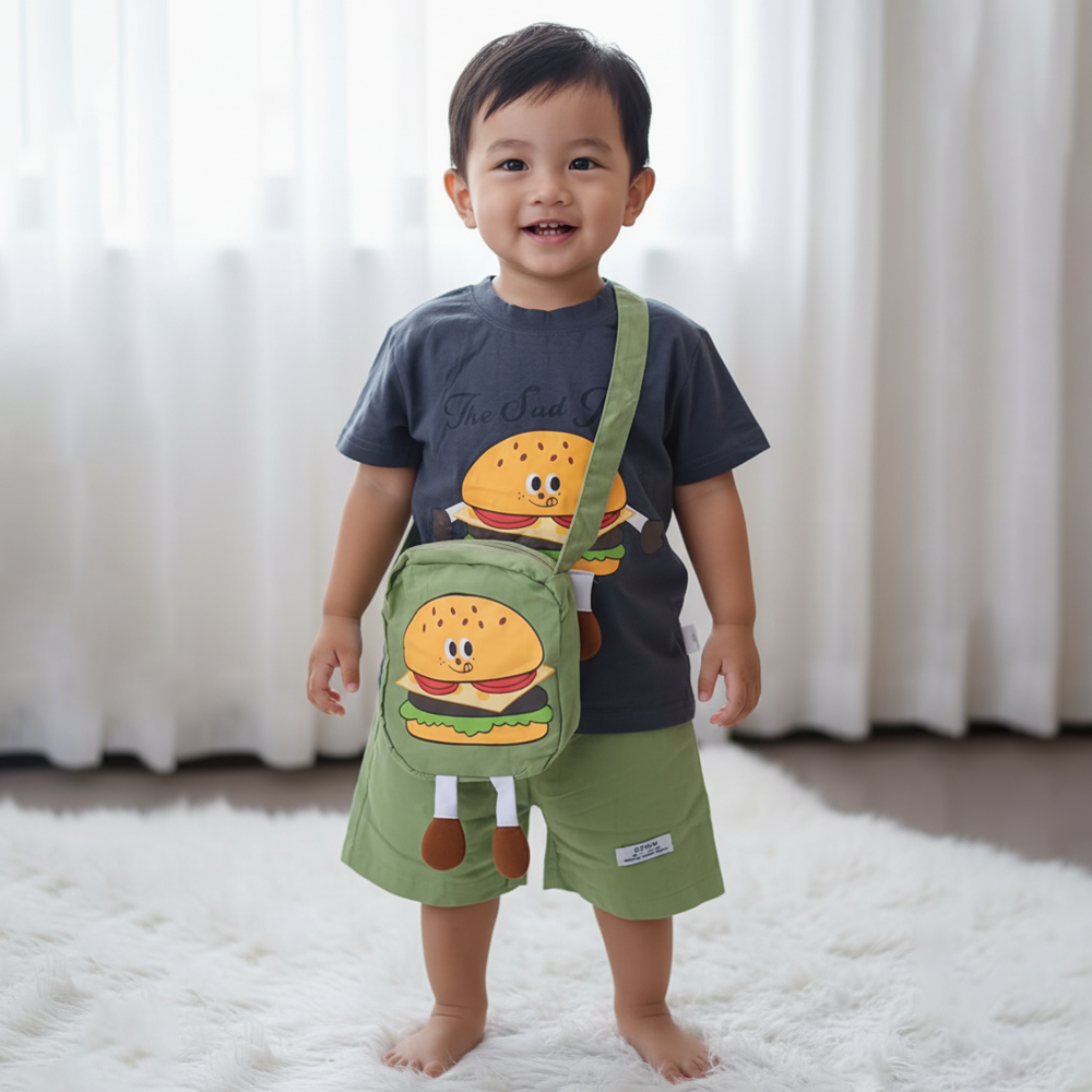 Imported Baby Kids Summer 3-Piece Burger Outfit with Bag (6 Months–4 Years)