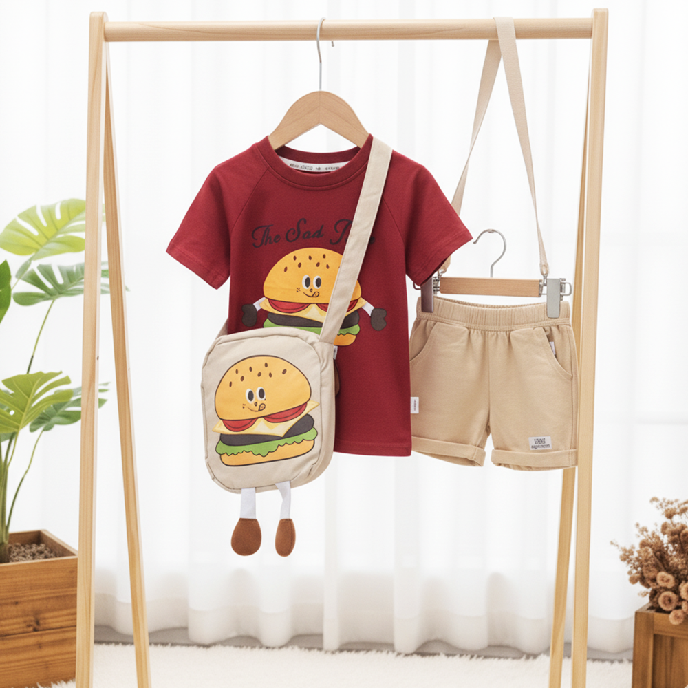 Imported Baby Kids Summer 3-Piece Burger Outfit with Bag (6 Months–4 Years)