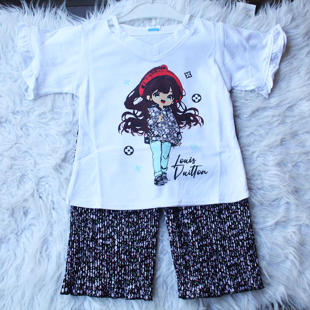 Imported Baby Girl Cute Doll Butterfly Sleeves Shirt with Crush Pleated Wide Leg Flappers for 12 Months - 4 years