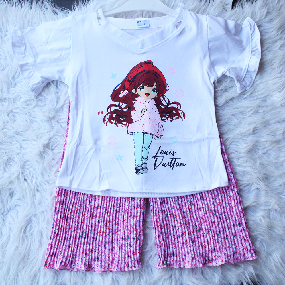 Imported Baby Girl Cute Doll Butterfly Sleeves Shirt with Crush Pleated Wide Leg Flappers for 12 Months - 4 years