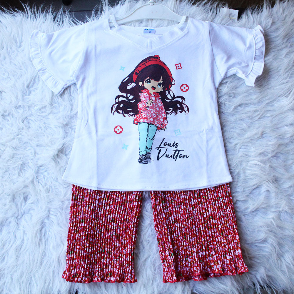 Imported Baby Girl Cute Doll Butterfly Sleeves Shirt with Crush Pleated Wide Leg Flappers for 12 Months - 4 years