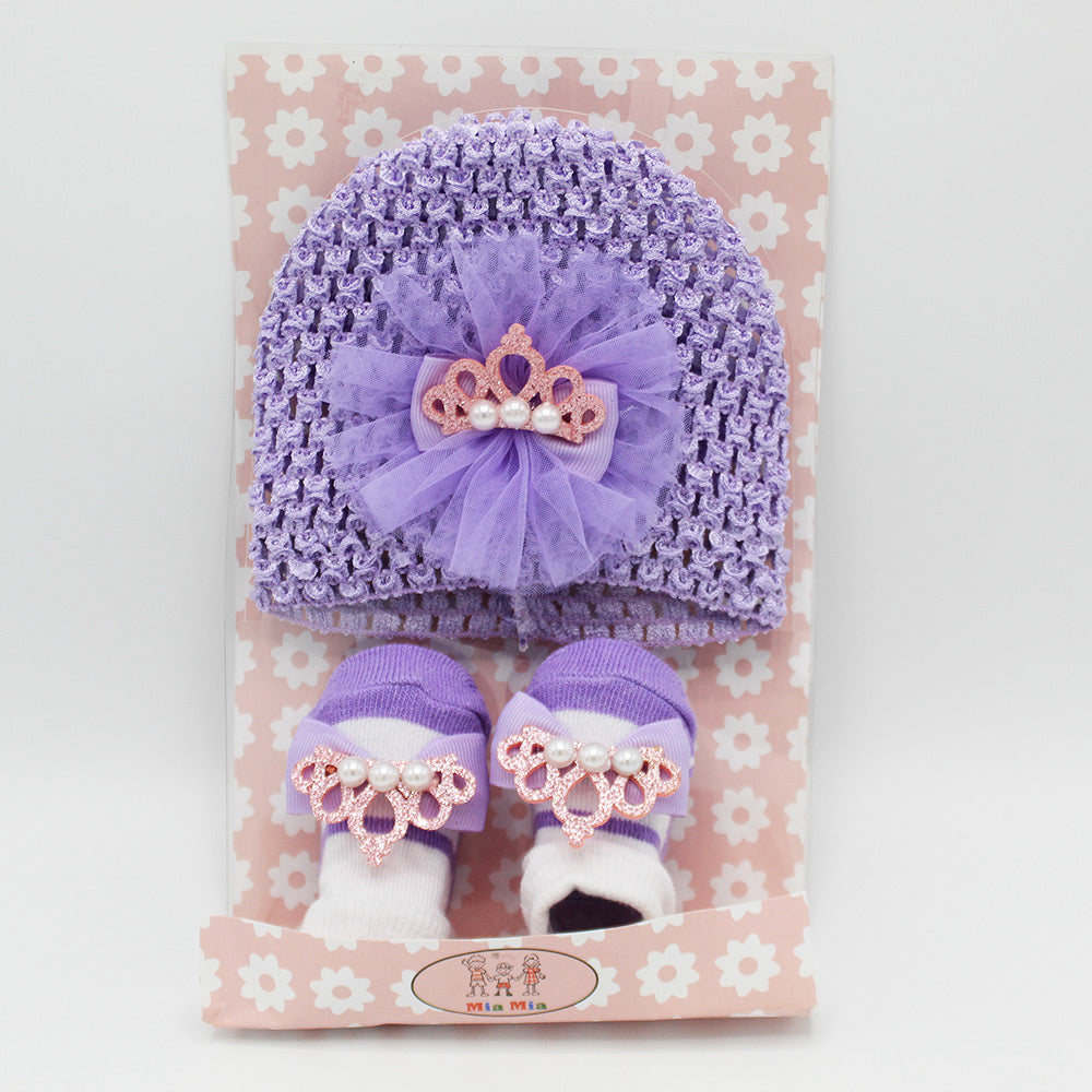 Imported Baby Girl Fancy Knitted Cap with Booties Pair Gift Set for 0-12 Months