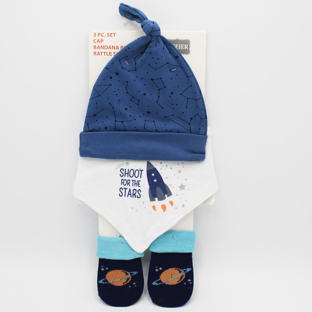 Imported 3 Pcs Baby Boy Knot Cap Bib and Socks Set for 0-6 Months