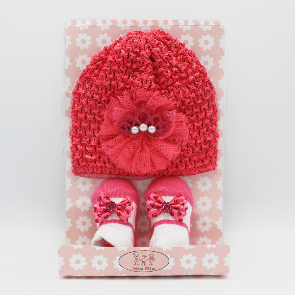 Imported Baby Girl Fancy Knitted Cap with Booties Pair Gift Set for 0-12 Months