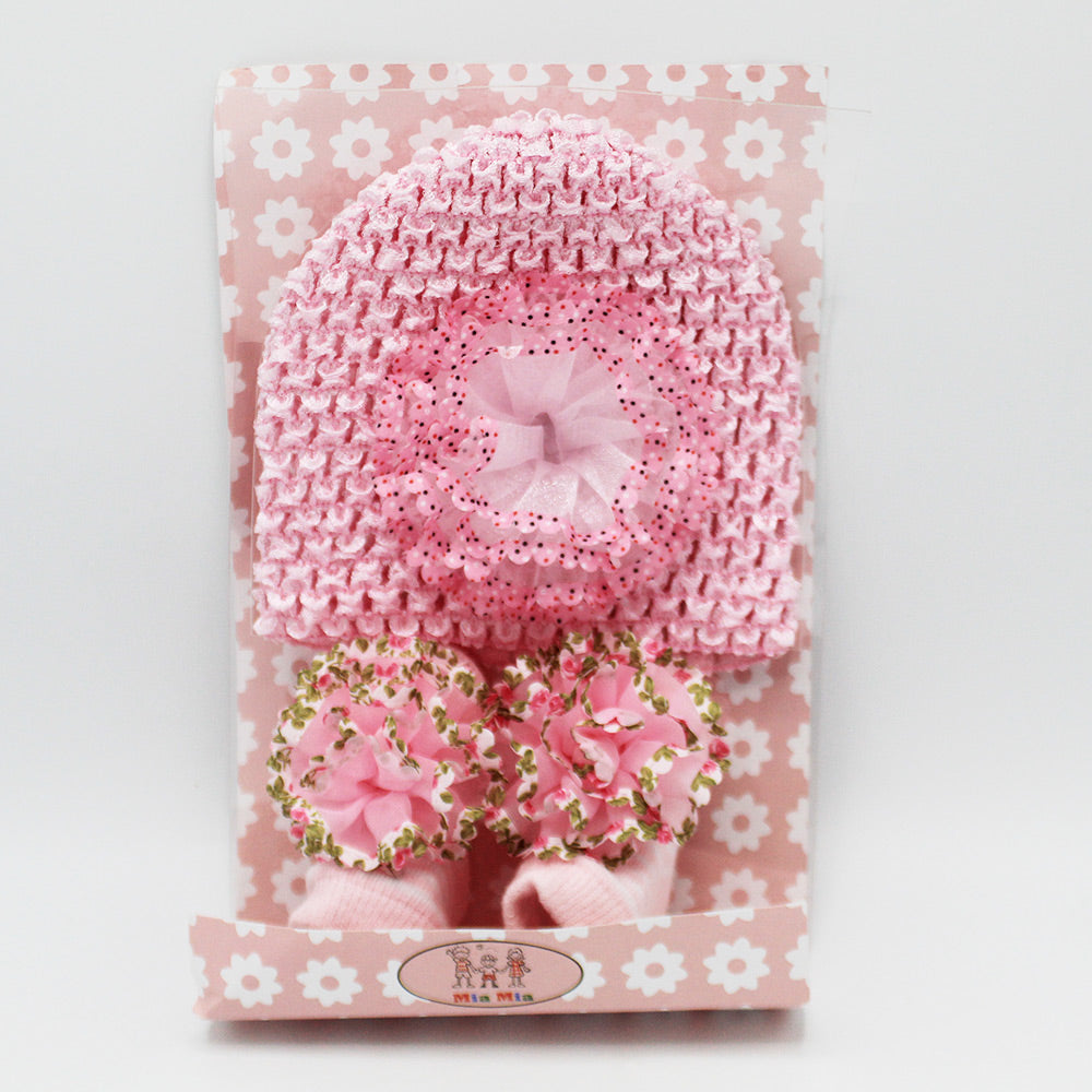 Imported Baby Girl Fancy Knitted Cap with Booties Pair Gift Set for 0-12 Months