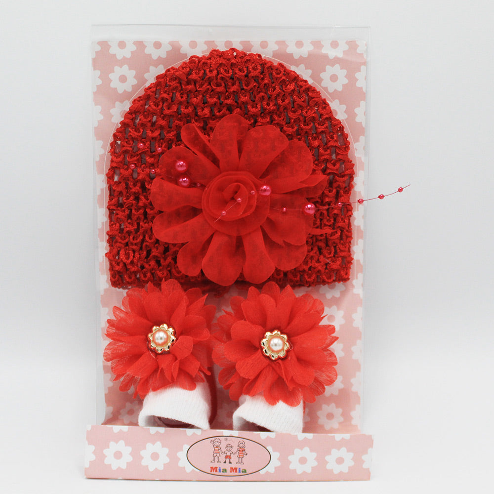 Imported Baby Girl Fancy Knitted Cap with Booties Pair Gift Set for 0-12 Months