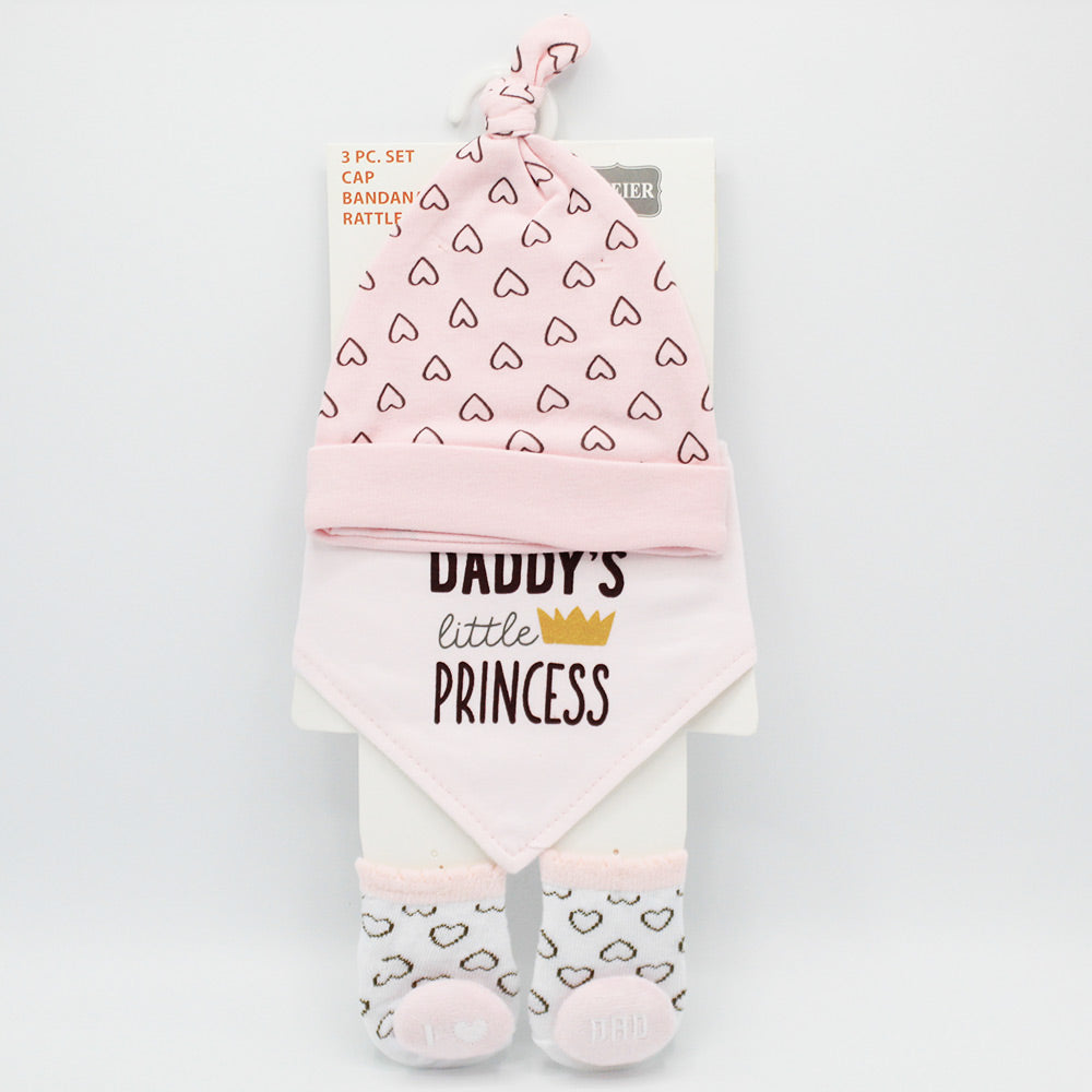 Imported 3 Pcs Baby Girl Knot Cap Bib and Socks Set for 0-6 Months