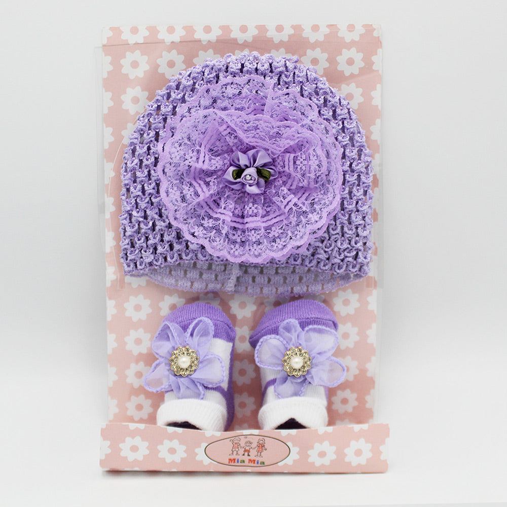 Imported Baby Girl Fancy Knitted Cap with Booties Pair Gift Set for 0-12 Months