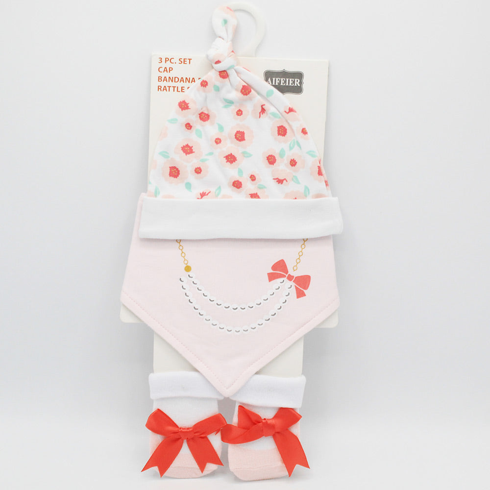 Imported 3 Pcs Baby Knot Cap Bib and Socks Set for 0-6 Months